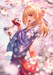 Rule 34 | 1girl, ;d, blonde hair, blue kimono, cherry blossoms, commentary, dark-skinned female, dark skin, elfriend (shiranui flare), floral print, highres, hololive, japanese clothes, kimono, looking at viewer, medium hair, multicolored hair, one eye closed, open mouth, petals, pointy ears, print kimono, red eyes, sakumichi, shiranui flare, shiranui flare (new year), smile, solo, streaked hair, symbol-only commentary, teeth, upper teeth only, virtual youtuber, white hair