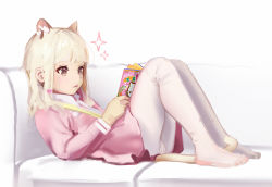 Rule 34 | 1girl, absurdres, animal ear fluff, animal ears, blonde hair, book, brown hair, cat ears, cat girl, cat tail, couch, dress, extra ears, female focus, full body, hello kitty, highres, holding, holding book, long hair, long sleeves, lying, on back, open book, original, panties, panties under pantyhose, pantyhose, parfait (hawawa), pink dress, reading, sanrio, short dress, solo, sweetonedollar, tail, underwear, white panties, white pantyhose