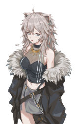 Rule 34 | 1girl, absurdres, ahoge, animal ears, bare shoulders, belt, black jacket, black shirt, breasts, cleavage, commentary request, cowboy shot, ear piercing, fangs, fur-trimmed jacket, fur trim, grey eyes, grey skirt, guihuo inferno, highres, hololive, jacket, light blush, lion ears, long hair, long sleeves, looking at viewer, midriff, off shoulder, open clothes, open jacket, open mouth, piercing, see-through, see-through cleavage, shirt, shishiro botan, shishiro botan (1st costume), silver hair, simple background, single thighhigh, skirt, sleeveless, sleeveless shirt, striped clothes, striped shirt, thighhighs, translated, virtual youtuber, white background