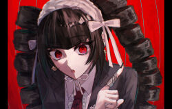 Rule 34 | 1girl, :o, black jacket, black nails, blunt bangs, brown hair, celestia ludenberg, center frills, collared shirt, danganronpa: trigger happy havoc, danganronpa (series), drill hair, earrings, frills, hand up, highres, index finger raised, jacket, jewelry, long hair, loss (kami o), maid headdress, nail polish, necktie, open clothes, open jacket, pillarboxed, red background, red eyes, red necktie, shirt, solo, teeth, twin drills, twintails, upper teeth only, white shirt
