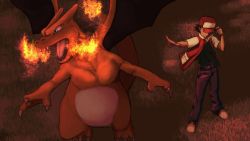 Rule 34 | 1boy, baseball cap, belt, belt buckle, black hair, black shirt, buckle, charizard, closed mouth, commentary, creatures (company), fire, flame-tipped tail, game freak, gen 1 pokemon, hand on headwear, hat, herutsu, highres, jacket, looking to the side, nintendo, open mouth, orange eyes, pants, pointing, pokemon, pokemon (creature), pokemon rgby, red (pokemon), shirt, shoes, short sleeves, spiked hair, standing, two-tone headwear