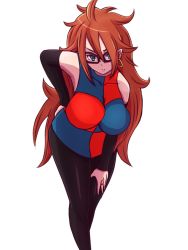 Rule 34 | 1girl, android 21, arm warmers, artist request, bare shoulders, black-framed eyewear, blue eyes, boots, breasts, curly hair, dragon ball, dragon ball fighterz, dress, earrings, female focus, glasses, hoop earrings, jewelry, large breasts, leaning forward, long hair, looking at viewer, multicolored clothes, multicolored dress, pantyhose, ring, solo, white background