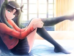 Rule 34 | 1girl, backlighting, black hair, black ribbon, black skirt, black thighhighs, expressionless, fate/stay night, fate (series), hair ribbon, highres, long hair, on bed, red sweater, ribbon, rongvuong, sitting, skirt, sweater, thighhighs, thighhighs pull, thighs, toe-point, tohsaka rin, turtleneck, twintails, two side up, window