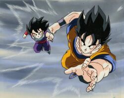 Rule 34 | aura, black eyes, black hair, dragon ball, energy, father and son, flying, muscular, muscular child, muscular male, scan, side-by-side, son gohan, son goku, tagme