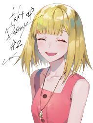 Rule 34 | 1girl, blonde hair, blunt bangs, bob cut, breasts, closed eyes, collarbone, copyright name, destiny (takt op.), dress, episode number, eyeshadow, highres, jewelry, lam (ramdayo), light blush, makeup, medium hair, necklace, open mouth, pink dress, red eyeshadow, shirt, signature, simple background, sleeveless, sleeveless dress, small breasts, smile, solo, takt op., upper body, white background, white shirt
