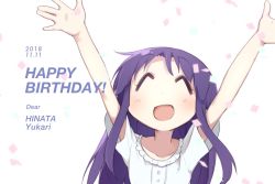 Rule 34 | 1girl, ^ ^, arms up, bad id, bad twitter id, blush, closed eyes, collarbone, confetti, dated, closed eyes, facing viewer, happy birthday, highres, hinata yukari, long hair, okayparium, open mouth, purple hair, short sleeves, simple background, smile, solo, upper body, white background, yuyushiki