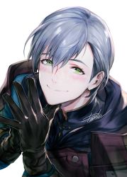 Rule 34 | 1boy, armor, ashe ubert, black gloves, blue shirt, blush, closed mouth, danhu, fire emblem, fire emblem: three houses, gloves, green eyes, hair between eyes, hands up, long sleeves, looking at viewer, male focus, nintendo, own hands together, shirt, short hair, shoulder armor, signature, silver hair, simple background, smile, solo, upper body, white background