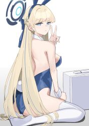 Rule 34 | 1girl, animal ears, ass, backless leotard, bare arms, bare shoulders, blonde hair, blue archive, blue eyes, blue leotard, blush, bow, breasts, briefcase, detached collar, fake animal ears, fake tail, from behind, gosugasu, hair ornament, halo, highleg, highleg leotard, large breasts, leotard, long hair, looking at viewer, no shoes, official alternate costume, playboy bunny, rabbit ears, rabbit tail, simple background, sitting, solo, strapless, strapless leotard, tail, thighhighs, toki (blue archive), toki (bunny) (blue archive), v, white thighhighs, wrist cuffs