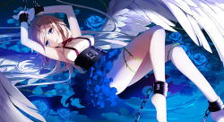 Rule 34 | 1girl, armpits, arms up, barefoot, blood, blue eyes, blue flower, blue skirt, feathered wings, flower, high-waist skirt, ia (vocaloid), layered skirt, long hair, lying, neck ribbon, on back, parted lips, red ribbon, restrained, ribbon, shirt, silver hair, skirt, sleeveless, sleeveless shirt, solo, vocaloid, white shirt, white wings, wings, yuuki kira