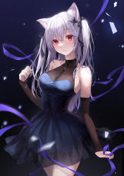 Rule 34 | 1girl, animal ear fluff, animal ears, bare shoulders, black ribbon, black sleeves, blue dress, blue ribbon, blush, breasts, cat ears, cleavage, closed mouth, crossed bangs, detached sleeves, dress, hair ornament, hair ribbon, heeri, highres, holding, holding ribbon, large breasts, long hair, long sleeves, looking at viewer, original, red eyes, ribbon, see-through, see-through cleavage, solo, white hair