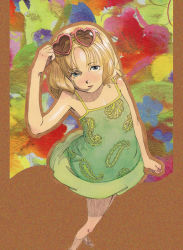 Rule 34 | 1girl, artist request, bare arms, bare legs, bare shoulders, blonde hair, child, dolores haze (nabokov&#039;s lolita), dress, eyewear on head, facing viewer, flower, from above, green dress, green eyes, heart, heart-shaped eyewear, heart-shaped glasses, heart-shaped sunglasses, lolita (1962), looking at viewer, nabokov&#039;s lolita, short dress, short hair, solo, standing, sundress, sunglasses, sunglasses on head