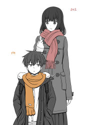 Rule 34 | 1boy, 1girl, blush, coat, giant, giantess, hands in pockets, height difference, highres, long hair, monochrome, open mouth, red scarf, scarf, skirt, smile, standing, tall female, tall female short male, taller female, trench coat, white background, yellow scarf