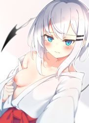 Rule 34 | 1girl, 3:, blue eyes, blush, breasts, closed mouth, collarbone, demon tail, hair ornament, hairclip, highres, japanese clothes, kimono, looking at viewer, miko, nipples, off shoulder, open clothes, open kimono, original, otokuyou, outstretched arm, ringo-chan (otokuyou), selfie, short hair, simple background, single bare shoulder, small breasts, solo, tail, upper body, white background, white hair, white kimono