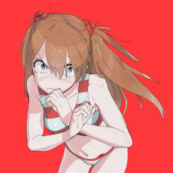 Rule 34 | (stag), 1girl, bikini, blue eyes, brown hair, leaning forward, long hair, looking at viewer, neon genesis evangelion, red background, simple background, solo, souryuu asuka langley, striped bikini, striped clothes, sweatdrop, swimsuit, tears, twintails, two side up
