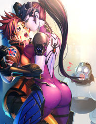 Rule 34 | 1boy, 2girls, ^^^, against wall, ass, assertive female, bakki, bare back, blood, bodysuit, breast press, breasts, brown hair, chest harness, colored skin, downscaled, gloves, gorilla, harness, head-mounted display, highres, licking, licking another&#039;s face, medium breasts, multiple girls, orange bodysuit, overwatch, overwatch 1, pink bodysuit, ponytail, purple hair, purple skin, resized, revision, skin tight, surprised, thighs, tongue, tracer (overwatch), union jack, walk-in, widowmaker (overwatch), wince, winston (overwatch), yuri