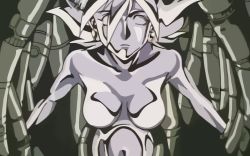 Rule 34 | 1990s (style), 1girl, breasts, cleavage, dg cells, earrings, g gundam, gundam, hairband, highres, jewelry, large breasts, mecha, metal, nude, rain mikamura, retro artstyle, robot, short hair, solo, statue, tentacles, vector trace