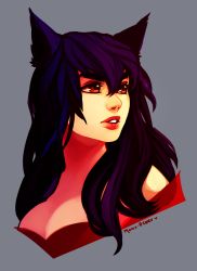 Rule 34 | 1girl, ahri (league of legends), animal ears, artist name, breasts, brown eyes, cleavage, fox ears, highres, league of legends, looking away, momo-deary, portrait, purple hair, signature, solo