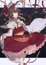 Rule 34 | 1girl, :d, ascot, bird, bow, branch, brown hair, cherry blossoms, commentary, detached sleeves, floating hair, foot out of frame, frilled bow, frilled hair tubes, frilled shirt collar, frilled skirt, frills, hair bow, hair tubes, hakurei reimu, highres, long hair, long sleeves, looking at viewer, midriff, open mouth, petals, ponytail, red bow, red skirt, red vest, ribbon-trimmed sleeves, ribbon trim, shuukenyuu, sidelocks, skirt, skirt basket, skirt hold, skirt set, smile, socks, solo, standing, standing on one leg, touhou, tsurime, vest, white sleeves, white socks, wide sleeves, yellow ascot, yellow eyes