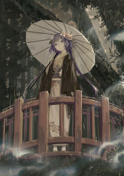 Rule 34 | 1girl, arm at side, arm up, azling, beamed sixteenth notes, bridge, daisy, eighth note, flower, fox mask, frown, hair flower, hair ornament, haori, head tilt, holding, holding umbrella, japanese clothes, kimono, light purple hair, looking at viewer, mask, musical note, musical note print, musical staff print, obi, oil-paper umbrella, outdoors, purple eyes, quarter note, rain, sash, short hair, solo, standing, thirty-second note, touhou, treble clef, tree, tsukumo benben, umbrella