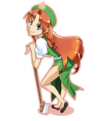 Rule 34 | 1girl, bad id, bad pixiv id, blue eyes, braid, chinese clothes, female focus, from above, full body, hat, hong meiling, leaning, long hair, mop, red hair, solo, star (symbol), embodiment of scarlet devil, tkhs, touhou, twin braids, white background