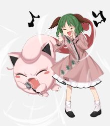 Rule 34 | 1girl, animal ears, beamed eighth notes, black footwear, closed eyes, creatures (company), crossover, dog ears, dog tail, dress, eighth note, full body, game freak, green hair, highres, holding, holding microphone, kasodani kyouko, keiki8296, long sleeves, microphone, musical note, nintendo, open mouth, pink dress, pokemon, pokemon (creature), pokemon sv, scream tail, shoes, short hair, shouting, simple background, smile, socks, tail, touhou, white background, white socks