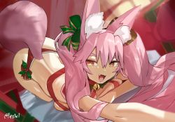 Rule 34 | 1girl, absurdres, animal ear fluff, animal ears, ass, bell, blush, bow, box, breasts, fang, fate/grand order, fate (series), firstw1, fox ears, fox tail, gift, gift box, green ribbon, hair between eyes, hair bow, highres, jingle bell, koyanskaya (fate), large breasts, long hair, looking at viewer, merry christmas, open mouth, panties, pink hair, red panties, ribbon, sidelocks, smile, solo, tail, tamamo (fate), thighs, top-down bottom-up, twintails, underwear, yellow eyes