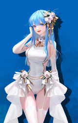 Rule 34 | 1girl, :d, absurdres, at:lizchiefffff, blue background, blue eyes, blue hair, bow, bowtie, brown bow, brown bowtie, cowboy shot, elbow gloves, flower, garter straps, gloves, hair between eyes, hair flower, hair ornament, highres, leotard, lizchief, long hair, open mouth, original, showgirl skirt, signature, smile, solo, standing, thigh gap, thighhighs, white flower, white gloves, white leotard, white thighhighs