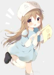 Rule 34 | 10s, 1girl, artist name, black footwear, blue shirt, blush, boots, brown eyes, brown hair, brown shorts, character name, clothes writing, commentary request, flag, flat cap, grey background, hair between eyes, hat, hataraku saibou, holding, holding flag, leg up, long hair, looking at viewer, notice lines, open mouth, platelet (hataraku saibou), running, shiratama (shiratamaco), shirt, short shorts, short sleeves, shorts, solo, standing, standing on one leg, teeth, upper teeth only, very long hair, white hat