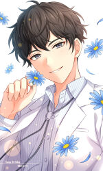 Rule 34 | 1boy, areki sae, black hair, blue eyes, blue flower, blue shirt, blush, commentary request, daisy, flower, hand up, highres, holding, holding flower, jacket, long sleeves, looking at viewer, male focus, on air!, sekina, shirt, simple background, smile, solo, striped clothes, striped shirt, upper body, white background, white jacket, white shirt