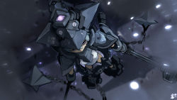 Rule 34 | 1girl, absurdres, aircraft, airplane, armor, chain, elbow gloves, falling, gloves, glowing, grey hair, hair between eyes, headgear, helmet, highres, holding, holding weapon, megami device, pauldrons, purple eyes, rtari, shoulder armor, signature, solo, upside-down, weapon, writing