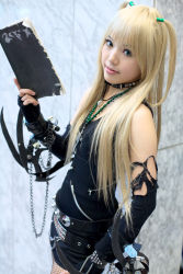 Rule 34 | 1girl, amane misa, amane misa (cosplay), asian, blonde hair, blue eyes, breasts, color contacts, cosplay, cosplay photo, cross, cross necklace, death note, death note (object), fingerless gloves, fishnet pantyhose, fishnets, gloves, highres, indoors, jewelry, kipi-san, long hair, looking at viewer, miniskirt, mole, necklace, pantyhose, photo (medium), real life, skirt, small breasts, solo, two side up