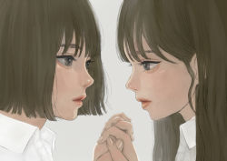 Rule 34 | 2girls, absurdres, brown hair, cobachi, collared shirt, commentary request, eye contact, from side, grey background, grey eyes, highres, holding hands, huge filesize, interlocked fingers, lips, long hair, looking at another, multiple girls, original, portrait, profile, shirt, short hair, simple background, white shirt, yuri