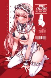 Rule 34 | 1girl, apron, arm support, bad id, bad twitter id, barcode, bikini, black nails, blush, character name, covered erect nipples, hololive, hololive english, long hair, looking at viewer, maid apron, maid headdress, mamaloni, mori calliope, nail polish, pink hair, red eyes, seiza, side-tie bikini bottom, sitting, smile, solo, swimsuit, thighhighs, virtual youtuber, white thighhighs, wrist cuffs