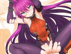 Rule 34 | 1girl, aqua eyes, blush, breasts, clenched teeth, game cg, kentou kanami, long hair, looking at viewer, purple hair, rance (series), simple background, solo, spread legs, squatting, teeth, torn clothes, zoom layer