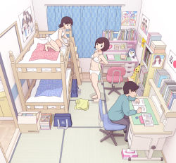 Rule 34 | 1boy, 2girls, bag, bed, book, book stack, bookshelf, breasts, brother and sister, brown hair, bunk bed, chair, child, curtains, eraser, glasses, indoors, kiyo (kyokyo1220), multiple girls, navel, on bed, open book, panties, poster (object), reading, roomscape, school bag, unworn shirt, short hair, siblings, sitting, sliding doors, small breasts, standing, studying, stuffed animal, stuffed penguin, stuffed toy, swivel chair, tissue box, underwear, undressing, white panties