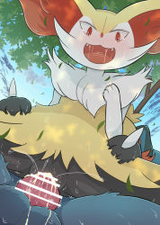 Rule 34 | 1boy, 1girl, :3, animal ear fluff, animal ears, animal hands, animal nose, animal penis, bar censor, black fur, blue fur, blue sky, blush, body fur, braixen, censored, cloud, creatures (company), cum, cum in pussy, day, dutch angle, erection, fangs, flat chest, fox ears, fox girl, fox tail, furry, furry female, furry male, furry with furry, game freak, gen 4 pokemon, gen 6 pokemon, girl on top, hand on own chest, hand up, happy, happy sex, hetero, highres, knotted penis, looking down, lucario, lying, nintendo, nose blush, on back, open mouth, outdoors, penis, pokemon, pokemon (creature), pussy juice, red eyes, rumine (yoshi1234567), saliva, sex, sky, smile, solo focus, spikes, spread legs, stick, straddling, sweat, tail, tears, testicles, tree, vaginal, white fur, yellow fur