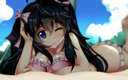 Rule 34 | 10s, 1girl, ;), ahoge, beach, bikini, black hair, blue eyes, blue sky, blurry, blush, bow, breasts, cleavage, closed mouth, cloud, day, depth of field, eyebrows, frilled bikini, frills, hair between eyes, hair bow, hand on own head, head tilt, highres, large breasts, long hair, looking at viewer, lying, netoge no yome wa onna no ko janai to omotta?, on ground, on stomach, one eye closed, outdoors, paperfinger, pink bikini, pink bow, sand, sidelocks, sky, smile, solo, swimsuit, tamaki ako, the pose, twintails
