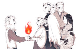 Rule 34 | 1girl, 4boys, black pants, brothers, cape, colored tips, crossed arms, cupping hands, demon slayer uniform, eye contact, family, fire, flame print, forked eyebrows, holding, holding sword, holding weapon, japanese clothes, katana, kimetsu no yaiba, kimono, korean commentary, long hair, long sleeves, looking at another, medium hair, multicolored hair, multiple boys, obi, open mouth, outstretched arms, outstretched hand, own hands together, pants, pants tucked in, ponytail, profile, puffy pants, rengoku kyoujurou, rengoku ruka, rengoku senjurou, rengoku shinjurou, rengoku toujurou, sash, scarf, school uniform, shin guards, siblings, simple background, spot color, standing, streaked hair, sweater vest, sword, symbolism, time paradox, umu umu 0, weapon, white cape