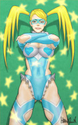 Rule 34 | 1990s (style), 1girl, artist name, bare shoulders, blonde hair, blue eyes, breasts, cameltoe, capcom, cleavage, cleavage cutout, clothing cutout, covered erect nipples, covered navel, cowboy shot, crossed arms, domino mask, female focus, frills, green background, groin, harlequin (artist), heart, large breasts, legs apart, leotard, lips, long hair, looking at viewer, mask, rainbow mika, retro artstyle, serious, shadow, shoulder cutout, signature, simple background, skin tight, skindentation, solo, star (symbol), street fighter, street fighter zero (series), thighs, twintails, uneven eyes, wrestling outfit
