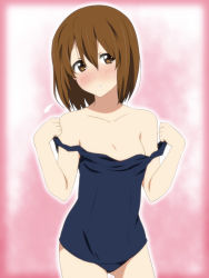 Rule 34 | 1girl, bare shoulders, blush, brown eyes, brown hair, clothes pull, face, hirasawa yui, ikari manatsu, k-on!, off shoulder, one-piece swimsuit, one-piece swimsuit pull, pulled by self, school swimsuit, solo, strap pull, swimsuit