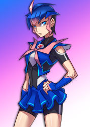 Rule 34 | 1girl, ahoge, arcee, arcee (prime), autobot, bike shorts, bike shorts under skirt, black hair, blue eyes, blue hair, contrapposto, gradient background, gradient hair, hand on own hip, highres, matching hair/eyes, miniskirt, multicolored hair, personification, pink background, pink hair, profile, ryuusei (mark ii), short hair, shorts, shorts under skirt, skirt, solo, standing, transformers, transformers prime, turtleneck