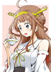 Rule 34 | 2girls, = =, absurdres, ahoge, black eyes, braid, brown hair, cup, detached sleeves, headgear, hiei (kancolle), highres, japanese clothes, kantai collection, kongou (kancolle), long hair, mini person, minigirl, multiple girls, nontraditional miko, open mouth, sweatdrop, takano yuuya, teacup, towel, towel on head, wide sleeves