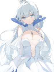 Rule 34 | 1girl, argus (azur lane), arm behind back, azur lane, bare shoulders, blue eyes, blue gemstone, braid, breasts, center opening, cleavage, cleavage cutout, closed mouth, clothing cutout, cowboy shot, crown, dress, elbow gloves, expressionless, fingerless gloves, french braid, gem, gloves, hair between eyes, hand up, jewelry, large breasts, long hair, looking at viewer, mini crown, necklace, pendant, ringo amei, simple background, solo, upper body, very long hair, white background, white dress, white gloves, white hair, white theme