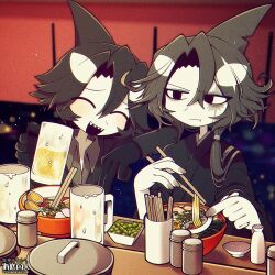 Rule 34 | 2boys, alcohol, artist name, beer, black eyes, black hair, bowl, chopsticks, closed eyes, colored skin, commission, cup, fins, food, funamusea, funamusea (artist), highres, holding, holding chopsticks, holding cup, ice scream, idate (funamusea), looking at another, male focus, multiple boys, official art, open mouth, orca boy, scar, scar on face, sharp teeth, siblings, skeb commission, takama (funamusea), teeth, white hair, white skin