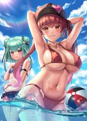Rule 34 | 2girls, :t, absurdres, arm across waist, armpits, arms behind back, arms up, arrow through heart, bad id, bad pixiv id, ball, baseball cap, beachball, bikini, black headwear, blue bikini, blue sky, blunt bangs, blush, breast envy, breasts, chelly (glisten chelly), cleavage, closed mouth, cloud, collarbone, covered erect nipples, cowboy shot, day, double bun, earrings, eyewear on headwear, frilled bikini, frills, grey-framed eyewear, grin, hair bun, hair ornament, hand on own chest, hat, heart, heart earrings, heart necklace, heterochromia, highres, hololive, houshou marine, houshou marine (summer), jewelry, large breasts, lens flare, long hair, multiple girls, navel, necklace, parted lips, pout, purple-tinted eyewear, red bikini, red eyes, red hair, short hair, skull hair ornament, sky, small breasts, smile, smug, stomach, sunglasses, sunlight, swimsuit, teeth, tinted eyewear, twintails, underboob, uruha rushia, v-shaped eyebrows, virtual youtuber, wading, water, yellow eyes