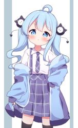 Rule 34 | 1girl, :o, ahoge, black thighhighs, blue eyes, blue hair, blue jacket, blush, collared shirt, commentary, grey background, hair ornament, highres, jacket, long hair, long sleeves, looking at viewer, off shoulder, open clothes, open jacket, original, parted lips, pleated skirt, purple neckwear, purple skirt, setmen, shirt, skirt, sleeves past wrists, solo, standing, suspender skirt, suspenders, symbol-only commentary, thighhighs, twintails, two-tone background, very long hair, white background, white shirt
