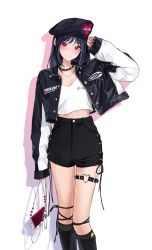 Rule 34 | 1girl, absurdres, bag, beret, black footwear, black hair, black hat, black jacket, black shorts, blush, boots, expressionless, hair behind ear, handbag, hat, head tilt, highres, holding, holding bag, jacket, jewelry, long hair, minj kim, mole, mole under eye, necklace, open hand, original, photo-referenced, pink eyes, shorts, sleeves past wrists, solo, thigh strap, white background