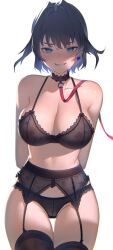 Rule 34 | 1girl, animal collar, armpit crease, arms behind back, bare shoulders, bingsardina, black bra, black choker, black garter belt, black hair, black panties, black thighhighs, blue eyes, blue hair, blush, bow, bow earrings, bra, breasts, choker, clenched teeth, collar, colored inner hair, commentary, earrings, garter belt, groin, hair intakes, highres, hololive, hololive english, jewelry, lace, lace choker, large breasts, leash, lingerie, looking at viewer, multicolored hair, nervous, o-ring, ouro kronii, panties, red collar, short hair, simple background, solo, sweat, teeth, thigh gap, thighhighs, underwear, underwear only, virtual youtuber, white background