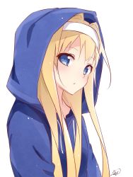 Rule 34 | 10s, 1girl, alice zuberg, artist name, blonde hair, blue eyes, blush, closed mouth, female focus, from side, hair intakes, hairband, highres, hood, hood up, hoodie, long hair, looking at viewer, nogi lief, signature, simple background, solo, sword art online, upper body, white background