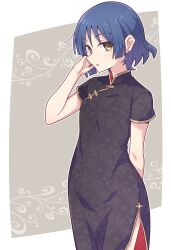Rule 34 | 1girl, black dress, blue hair, blush, bocchi the rock!, china dress, chinese clothes, dress, e20, earrings, grey background, hand up, highres, jewelry, looking at viewer, mole, mole under eye, outside border, parted lips, short hair, short sleeves, solo, stud earrings, two-tone background, white background, yamada ryo, yellow eyes